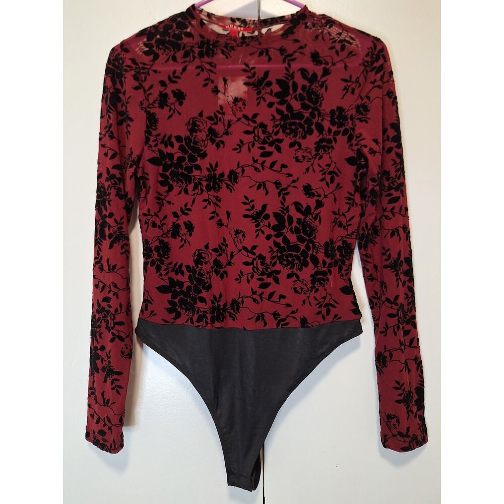 Guess Velvet Burnout Red Mesh Bodysuit Size Large NWT
